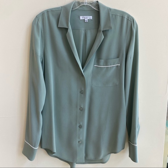Equipment Keira Piped Sage Green Silk Button Down Shirt Women Size XS - Picture 6 of 12